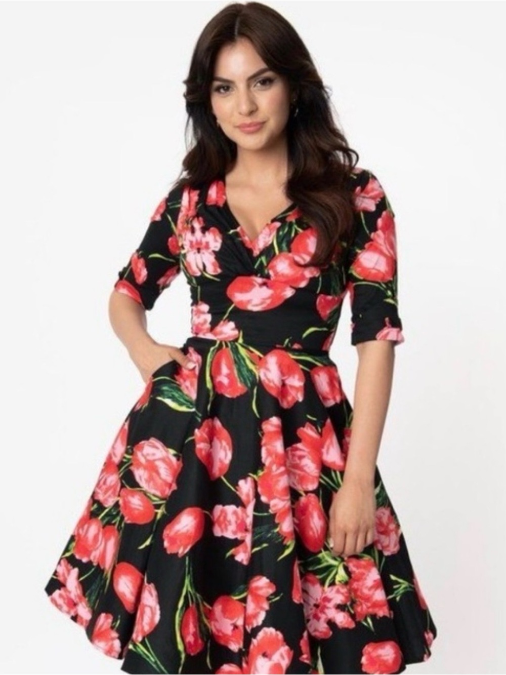 Fresh as a Flower Black Midi Dress with Red Floral Print